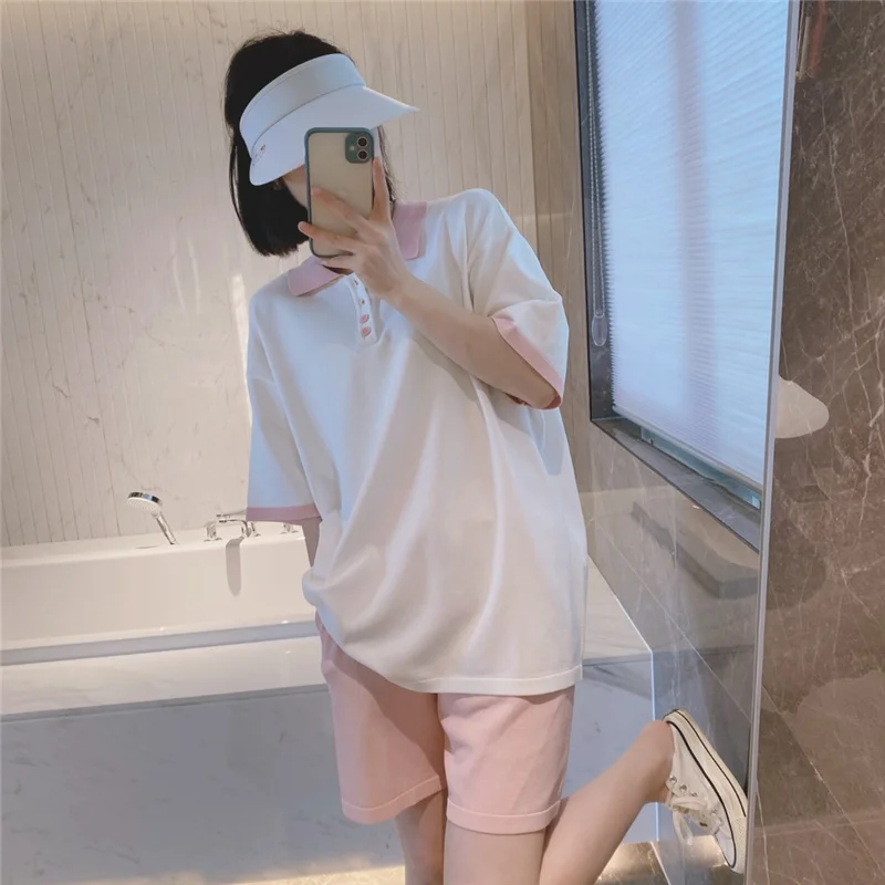 POLO lapel pink short-sleeved shorts lazy suit female summer loose large size two-piece college style sports to reduce age