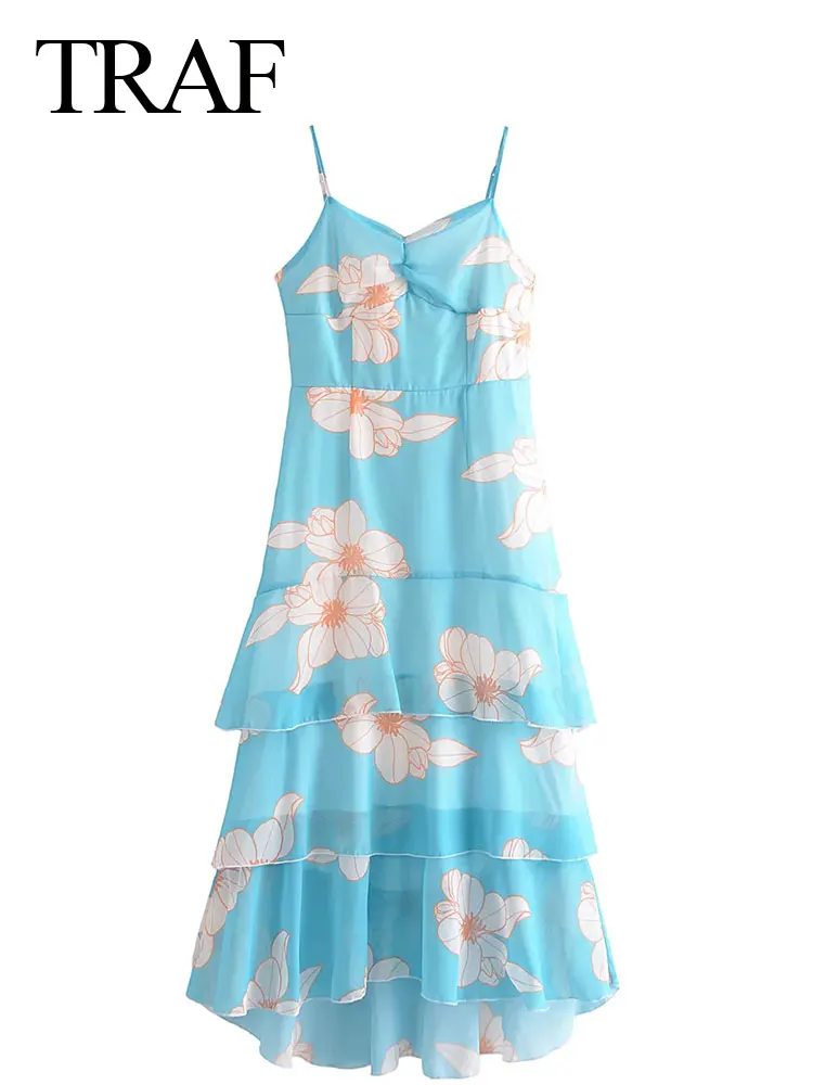 

TRAF Women's Printed Sling Long Dress Sleeveless Backless Slim Sexy Layered Ruffles Ladies Beach Casual Elegant Party Dresses
