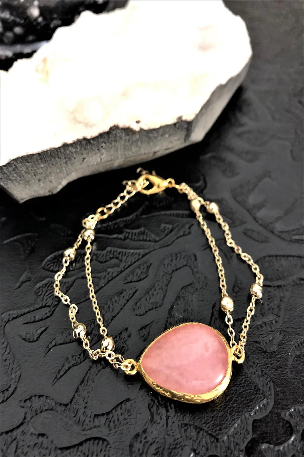 

Natural Pink Quartz Stone Handmade Gold Plated Women Bangle Dkrb10