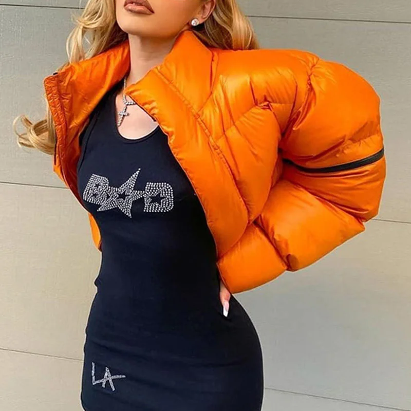 2022 Solid Turtleneck Zipper Jacket Padded Puffer Parkas Jackets With Pocket Winter Women Long Sleeve Loose Short Warm Coat