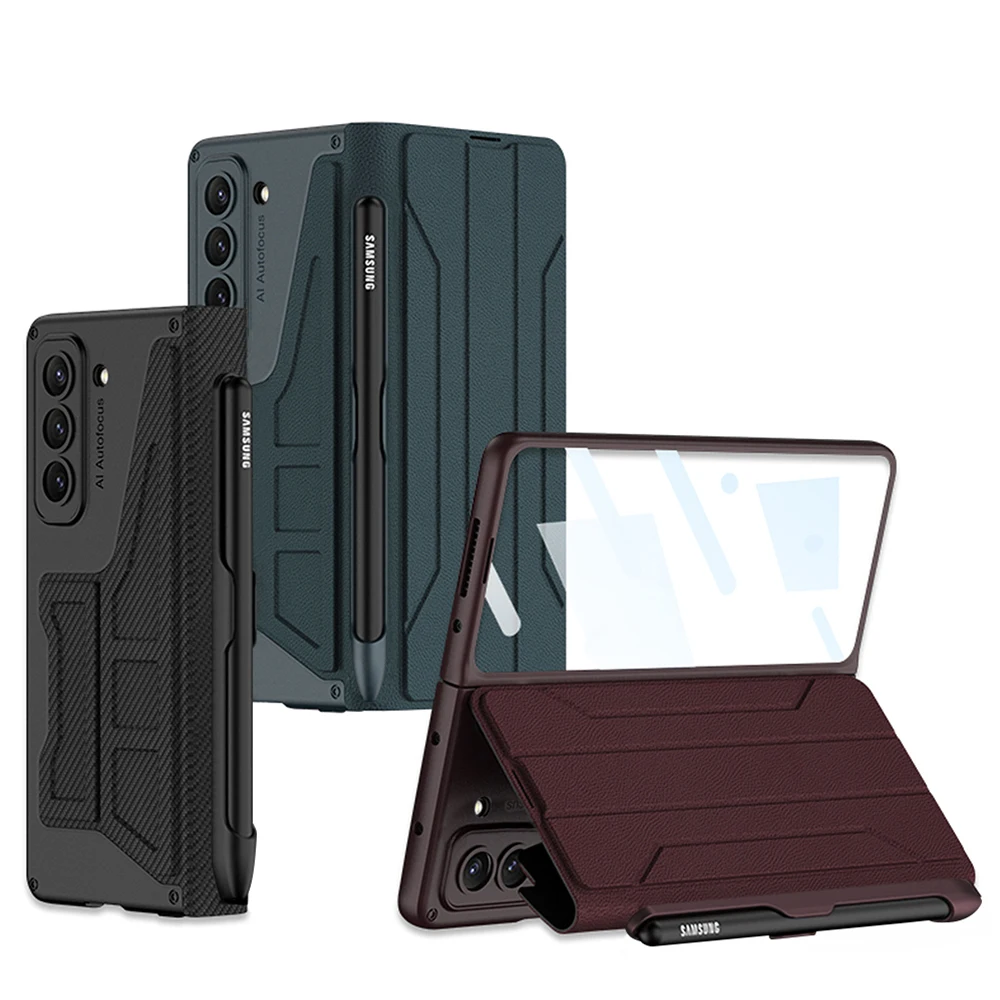 Side S Pen Holder Cover for Samsung Galaxy Z Fold 5 Case Leather Stand Cover with Front Glass Film Armor Fundas