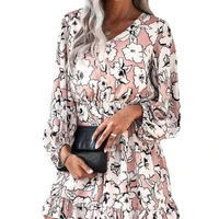 2022 ladies fashion fall new style dress hot sale ladies printed v neck lantern sleeve short skirt