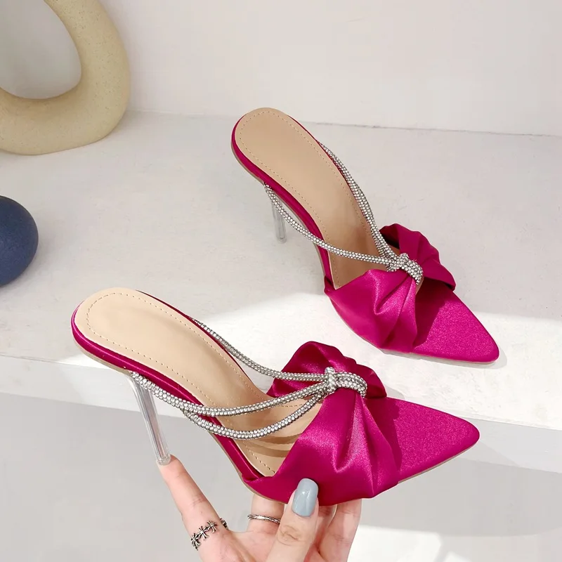 New Satin Crystal Women Slippers Party Sexy Fashion Sandals Pointed Toe Perspex Stiletto High Heels Summer Party Shoes Ladies