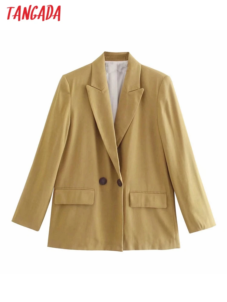 

Tangada Women 2022 Khaki Blazer Coat Vintage Double Breasted Long Sleeve Female Outerwear 2W19