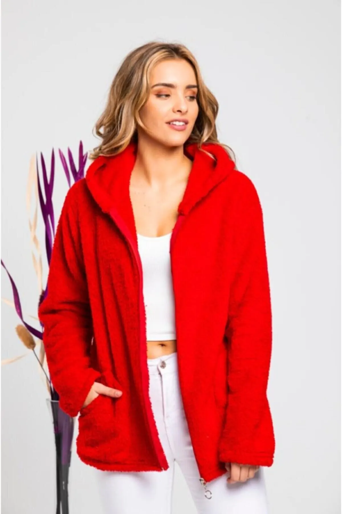 

Women's Cardigan Soft Plush Hooded Zippered Red Casual Knitted Quality Fashion Cardigan Sweaters Loose Sweater Sweater Jumper