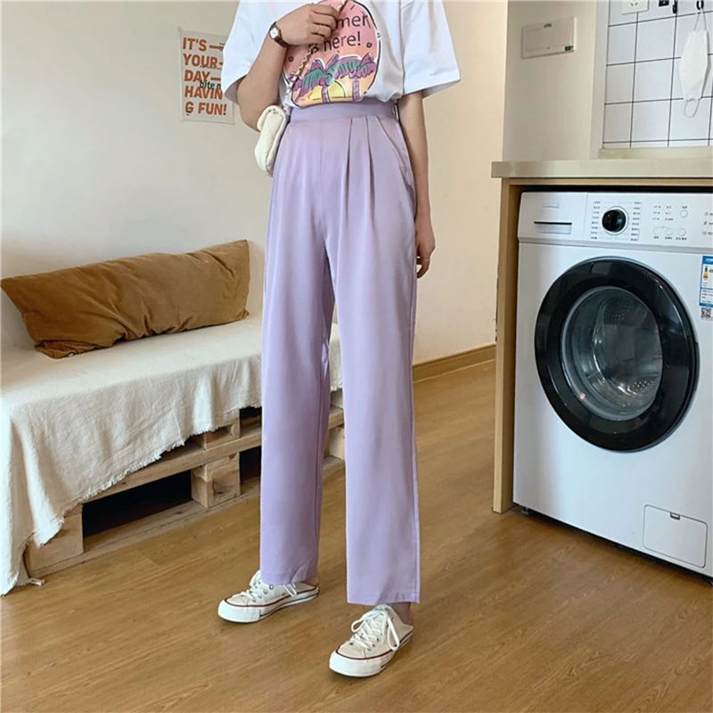 

Women Summer Thin Wide Leg Suit Pants Plain Solid Color High Waist Pleated Striped Loose Pockets Drape Straight Trousers