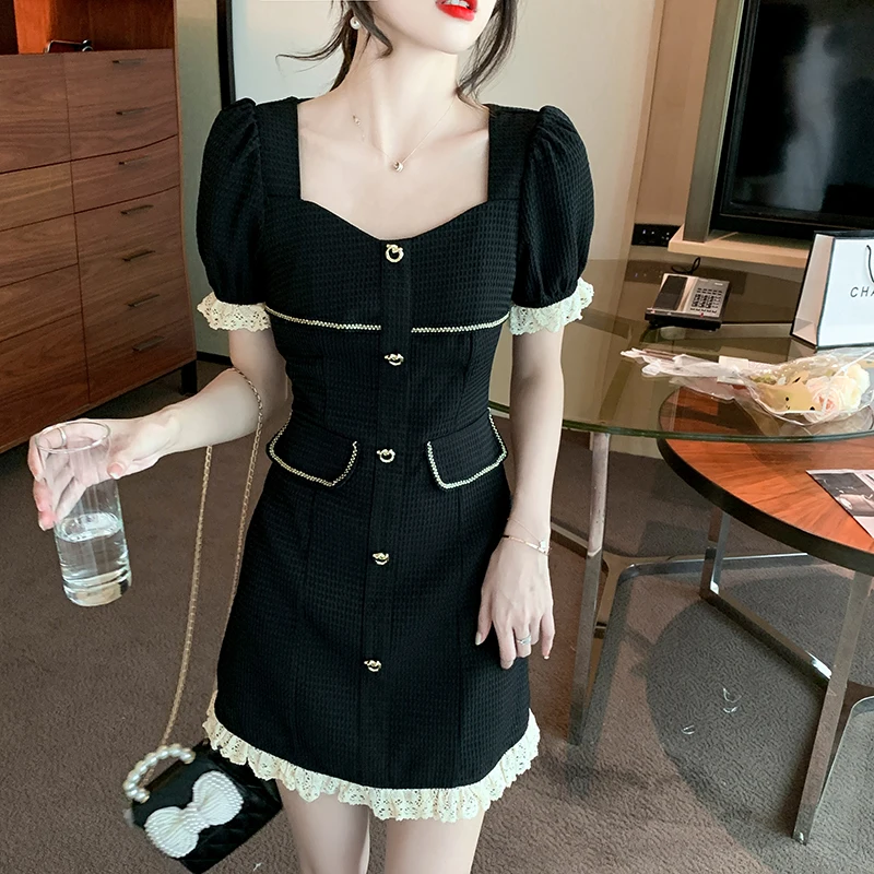 

Women One Piece Korea Dress Summer 2022 New French Style Patchwork Puff Sleeve Square Collar White Black Dresses Dropshipping