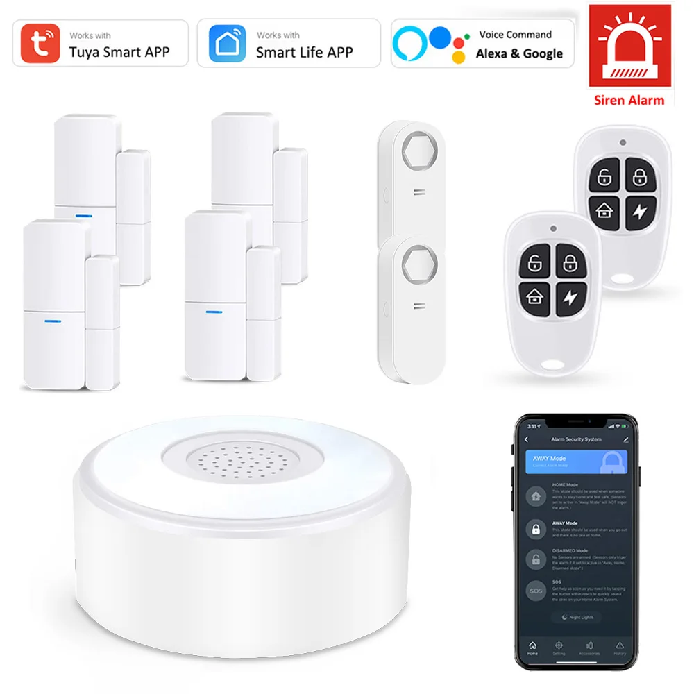 Tuya Wireless WiFi Smart Home Alarm Security System 4X Door Sensor 2X Key Fob 2X Water Leakage Sensor Works with Alexa Google