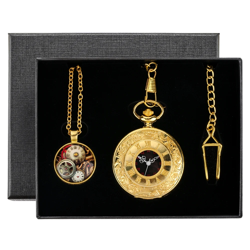 Steampunk Vintage Classic Roman Numerals Hollow Quartz Pocket Watch Sets Birthday Gifts for Men Retro Pendant Fob Chain Clock