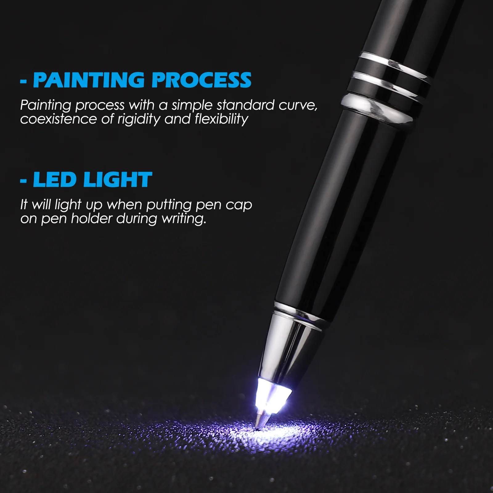 Toyvian 2pcs Creative LED Ballpoint Pen Prcatical Metal Writing Glowing Stationery Supplies for Office School (Black)