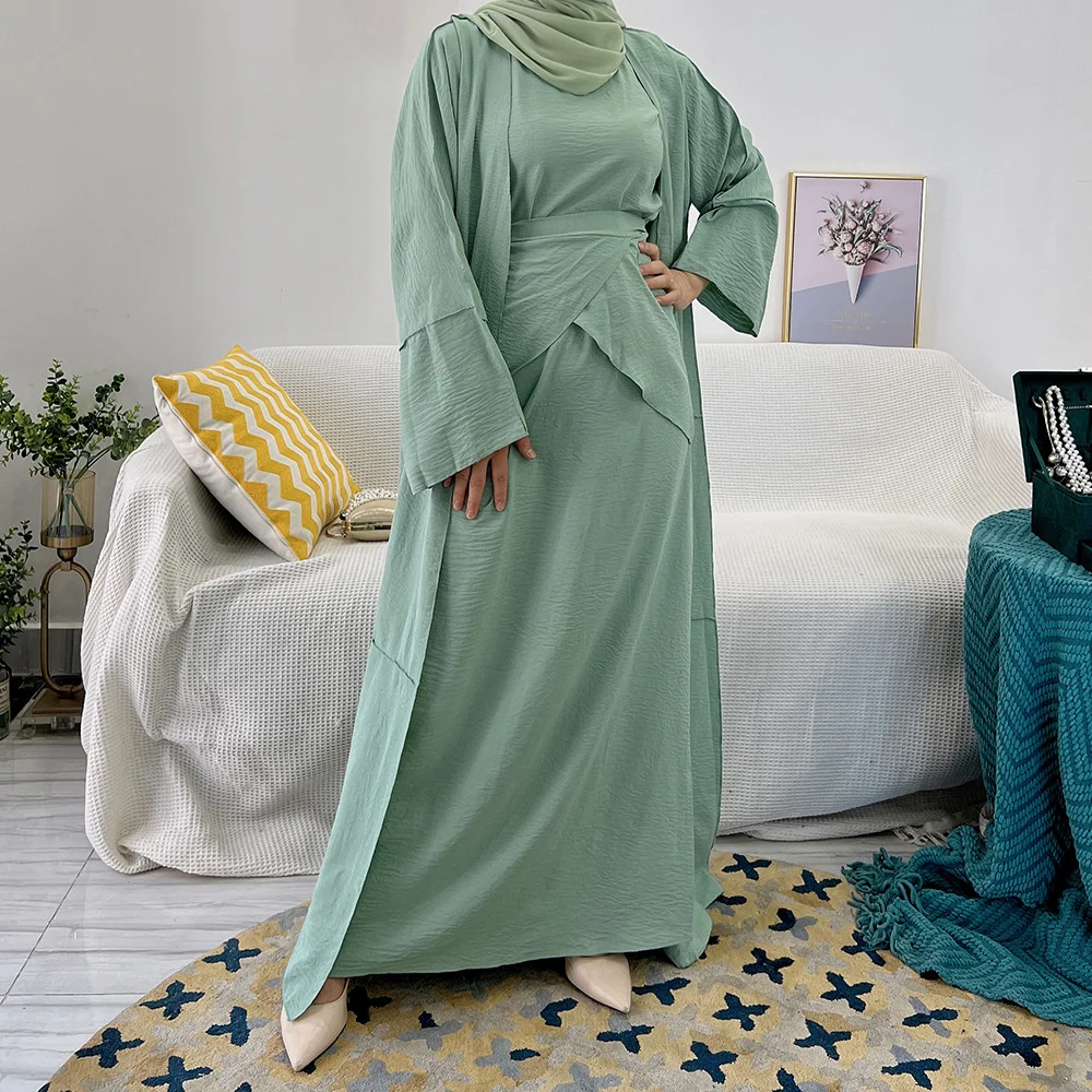 Muslim Long Short Sleeve Dress+Cardigan+Belt Three Set Fashion Islamic Dubai Turkish Modest Abaya Dresses For Women Ramadan