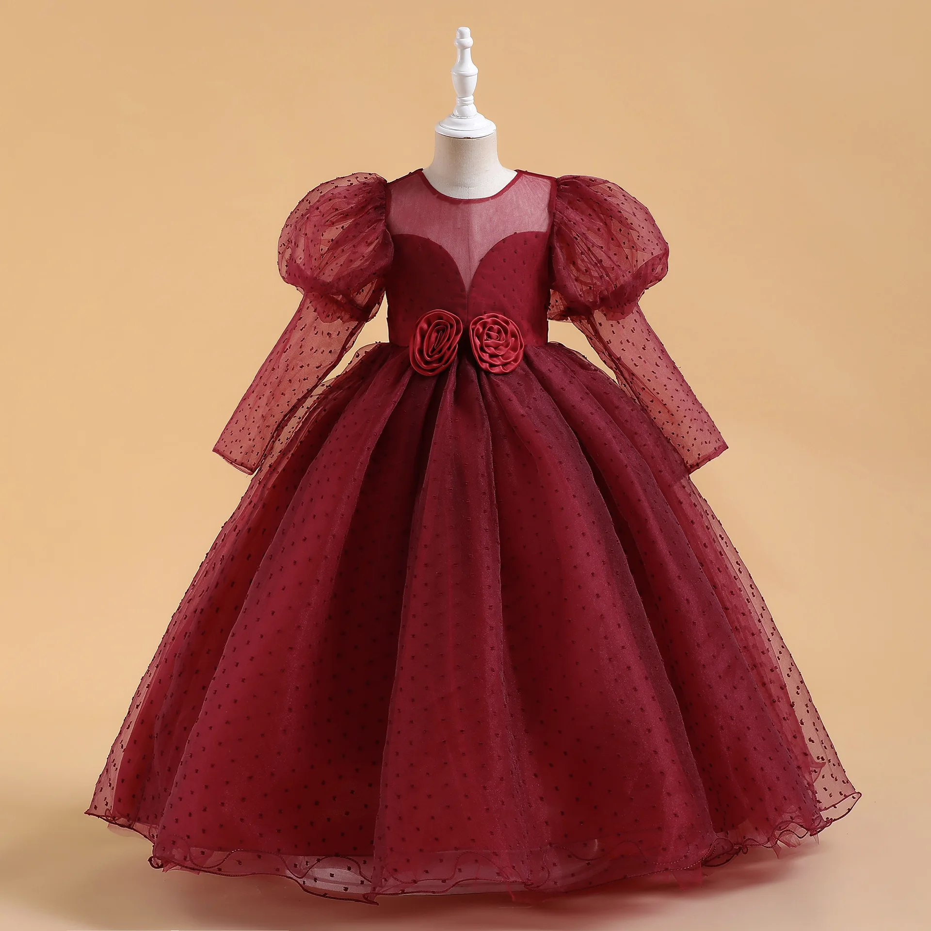 

Elegant Dark Red Long Sleeves Ballgown Flower Girl Dress Princess Party Formal Graduation Birthday Puffy 4-14 Years