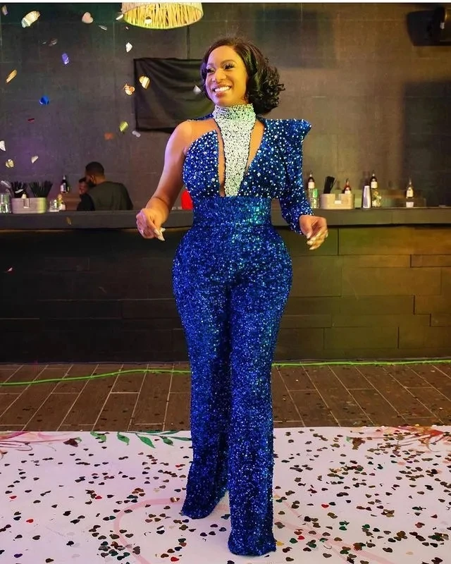 

Blue Jumpsuit Aso Ebi African Evening Dresses Sheath Sequins Sparkle Long Dubai Saudi Arabic Black Girls Evening Gown Prom