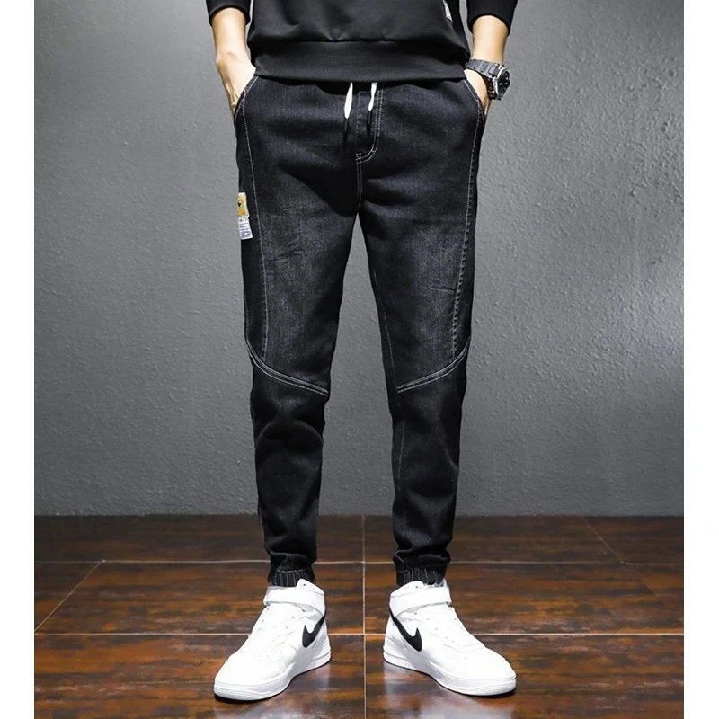 Streetwear Korean Jeans Men Jeans Summer Loose Pockets Stitching Jeans Men Lace-up Mid-Waist Denim Pencil Pants Harem Pants