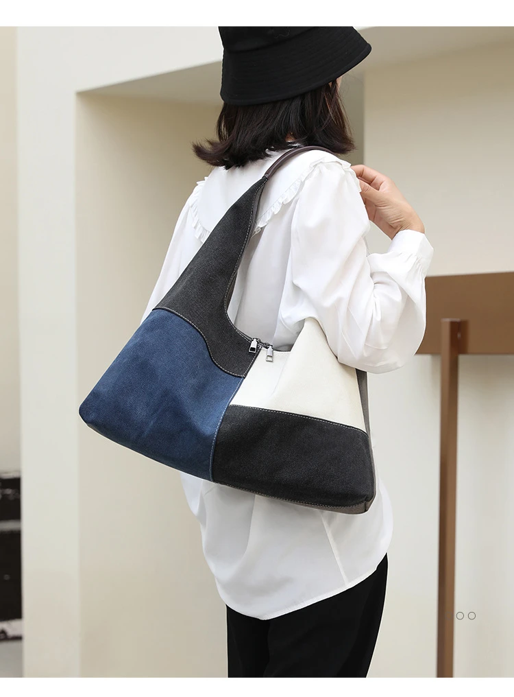 

2023 New Shoulder Bag Women's Bag Simple and Fashionable Large Capacity Handheld Commuting Versatile Contrast Canvas Bag