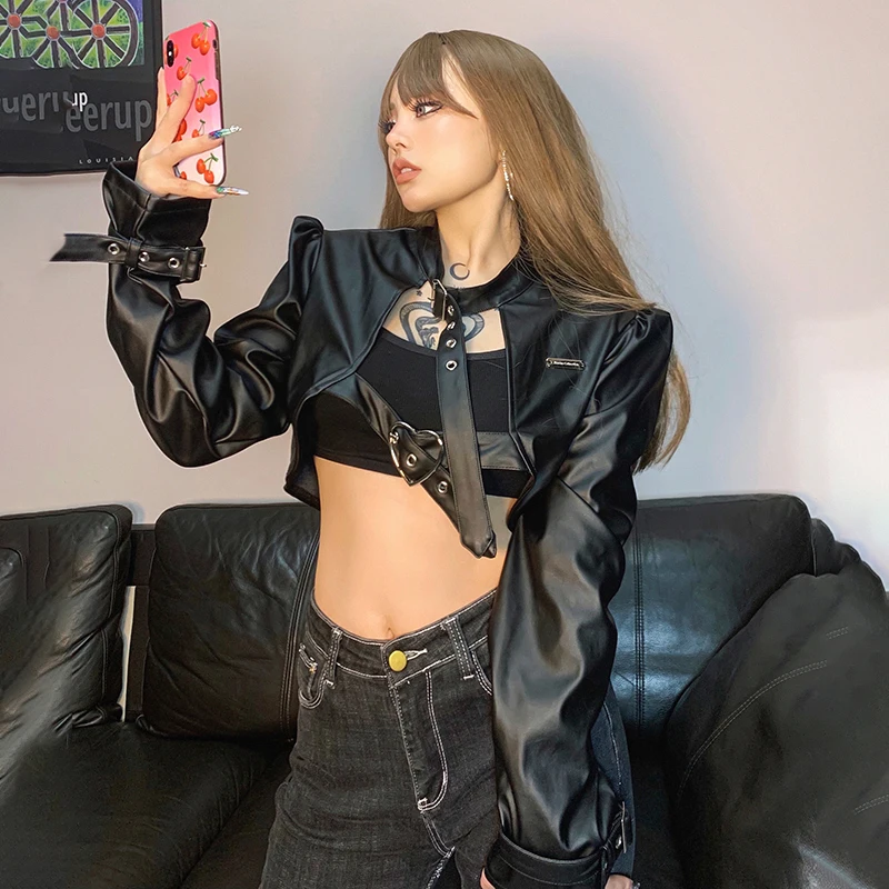 

Cool Motorcycle Punk Girls Pu Faux Leather Jacket Short Hollow Out Heart Metal Chain Belt Short Jackets Coat Top All Match