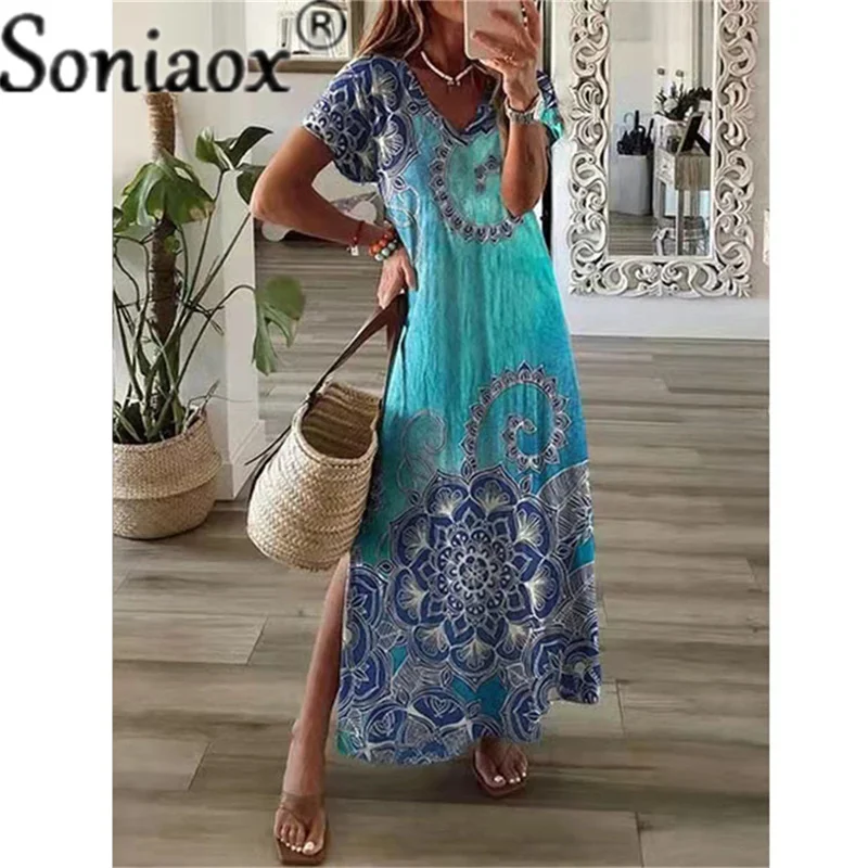 Купи New 2022 Summer 3D Flower Print Bohemian Dress Women Short Sleeve Maxi Dress Casual V-Neck Loose Dress Women Clothing за 653 рублей в магазине AliExpress