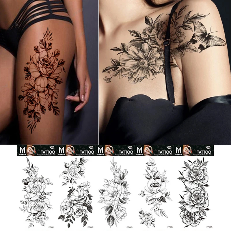 

Временные тату-наклейки, черные цветы, водостойкие Временные татуировки для тела, женские сексуальные розы, модные наклейки на руку, боди-ар...
