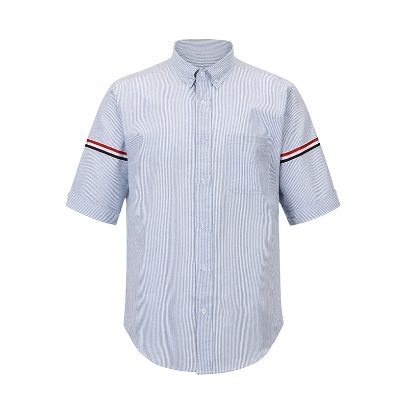 TB THOM قميص رجالي الأزرق مخطط شارة ملابس للرجال الصيف عادية أكسفورد سليم قصيرة الأكمام الكورية موضة عالية الجودة القمم