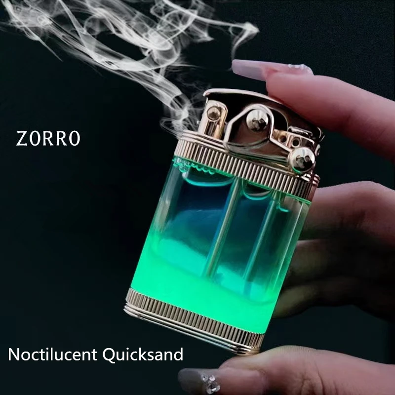 

ZORRO Luminous Quicksand Rocker Kerosene Lighter Metal Retro Grinding Wheel Transparent Fuel Tank Cigarette Lighter Men's Gift