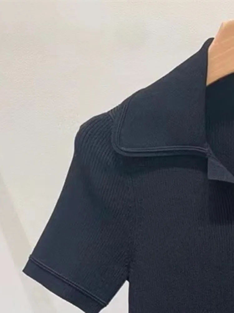 Women Black Elegant Knit Dress Turn-down Collar Short Sleeve Elastic Waist 2023 Fall Female Mini Robes with Buttons