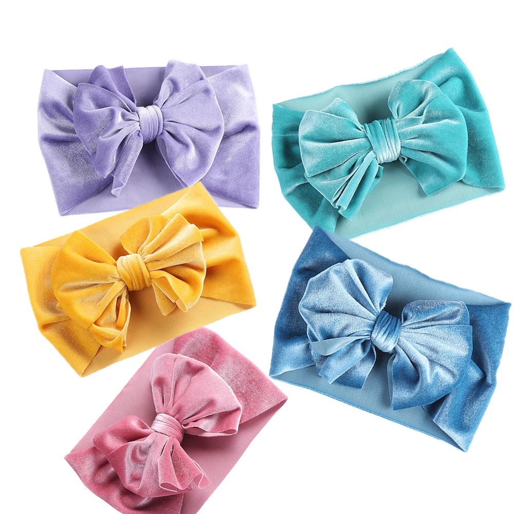 

Бархатная эластичная повязка на голову с бантом для новорожденных, однотонная повязка на голову с большим бантом, 20 цветов
