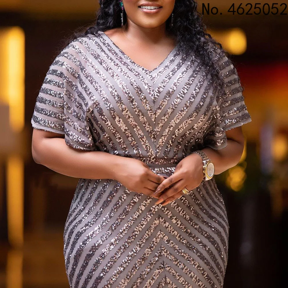 

Plus Size Ankara Dress For Women Dashiki Striped Glitter V-neck Gown Robe Christmas Occasion Oitfits Nigerian Africaine Femme