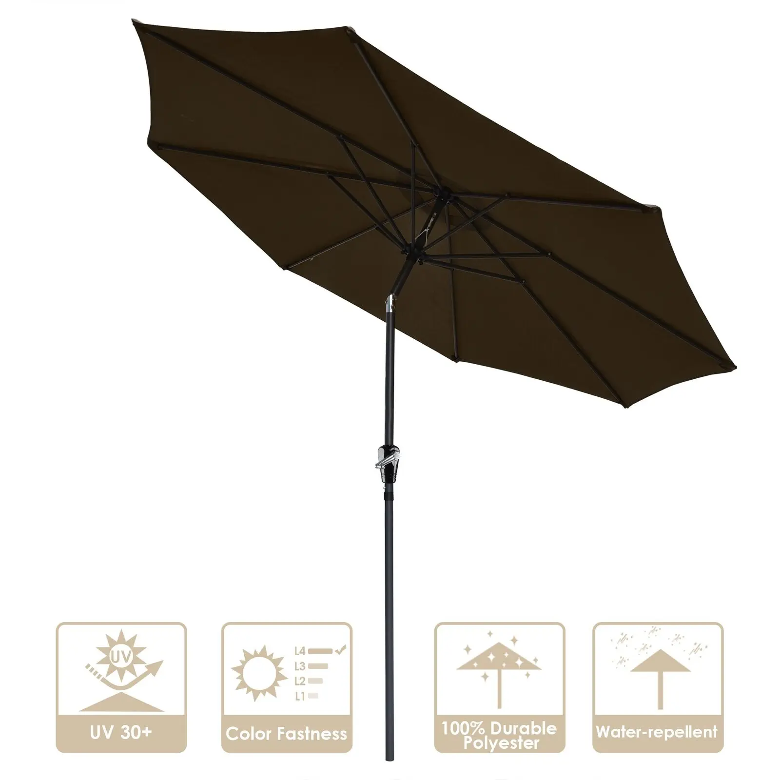 

9 Ft Tilt Patio Parasol UV & Fade Resistant Umbrella Canopy Chocolate