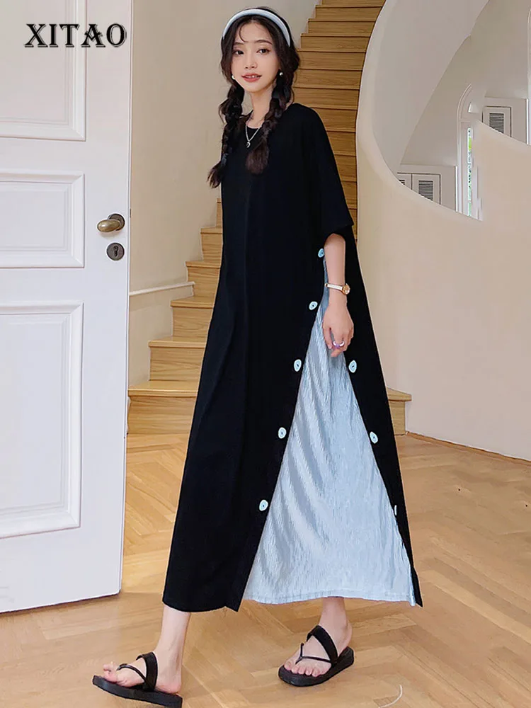 

XITAO Contrasting Colors Patchwork Dress Fashion Casual O-neck Pullover Temperament Long Loose New Arrival Women ZY7247