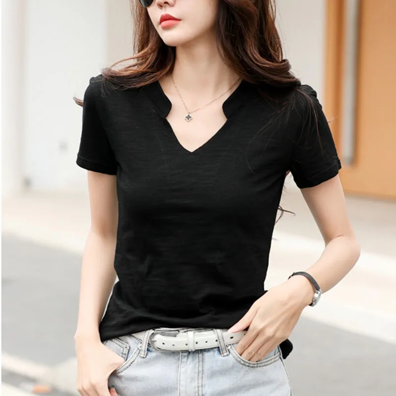 Свободная хлопковая футболка с коротким рукавом женские футболки v-образным