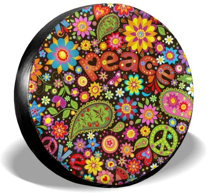 

Delerain Hippie Symbolic Colorful Floral Spare Tire Covers Waterproof Dust-Proof Spare Wheel Cover Universal Fit for Jeep, Trail