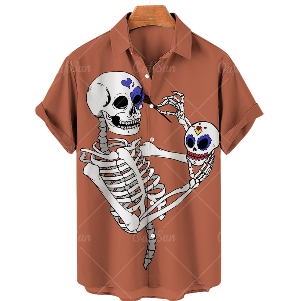 2022 Summer New Men's Skull Print Hawaiian Shirt Fashion Casual Beach Top Single Button Lapel Plus Size 5XL