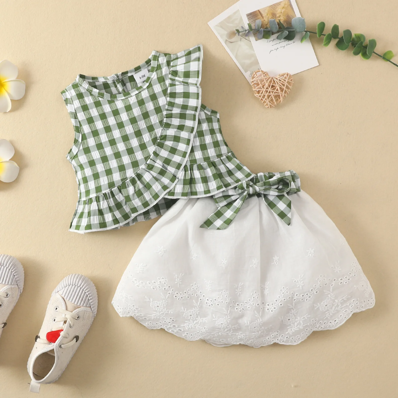 

New Born Baby Girl Clothes Set Summer Sleeveless Plaid Ruffle Cropped Top +bow Short Skirt Infant Outfit Fashion Suit