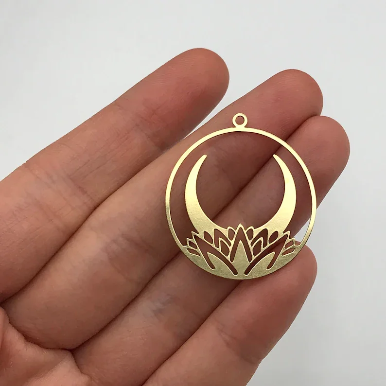 

2/6/12/24pcs Brass Crescent Moon Flower Earring Charm Pendant, Circle Crescent Lotus Flower Charm Pendant, Jewelry Supplies