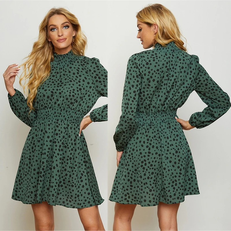 

Women's Long Sleeve Leopard Print Short Dress Fashion Casual Elastic Waist Dress P8DB