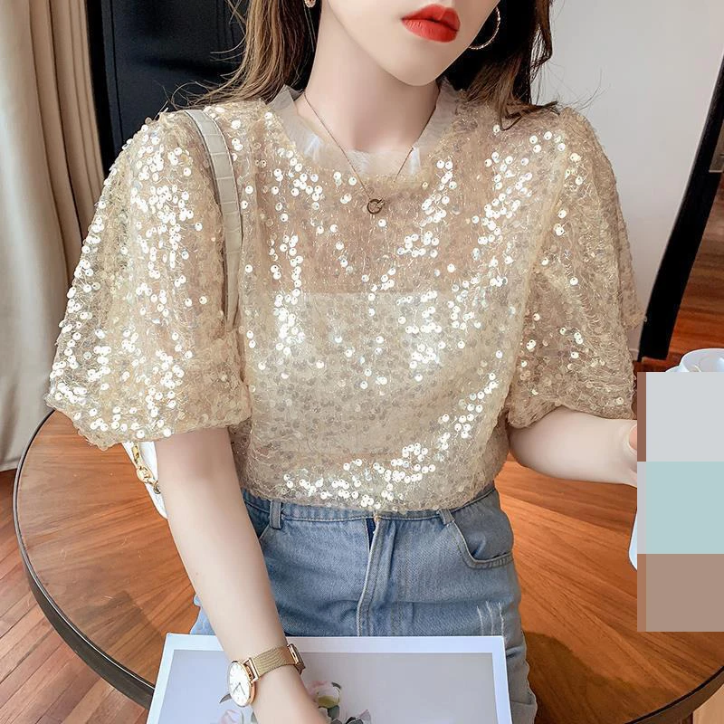 

Bottoming shirt women's 2022 summer new lace mesh sequined short-sleeved shirt women's loose chiffon shirt puff sleeves