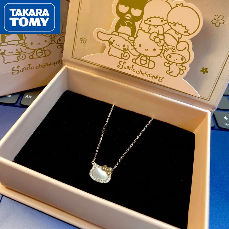 

TAKARA TOMY Hello Kitty New Female White Mother-of-pearl Bow Pendant Rose Gold Necklace for Lovers Sweet and High-sense Gift