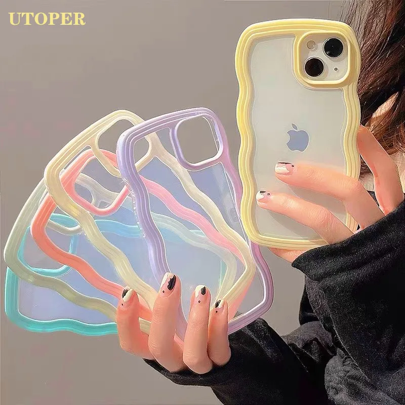 

UTOPER Cute Wave Shockproof Bumper TUP Case for iPhone 13 12 11 Pro Max XS Max XR X 8 7 Plus SE2 Transparent Curly Cover Coque