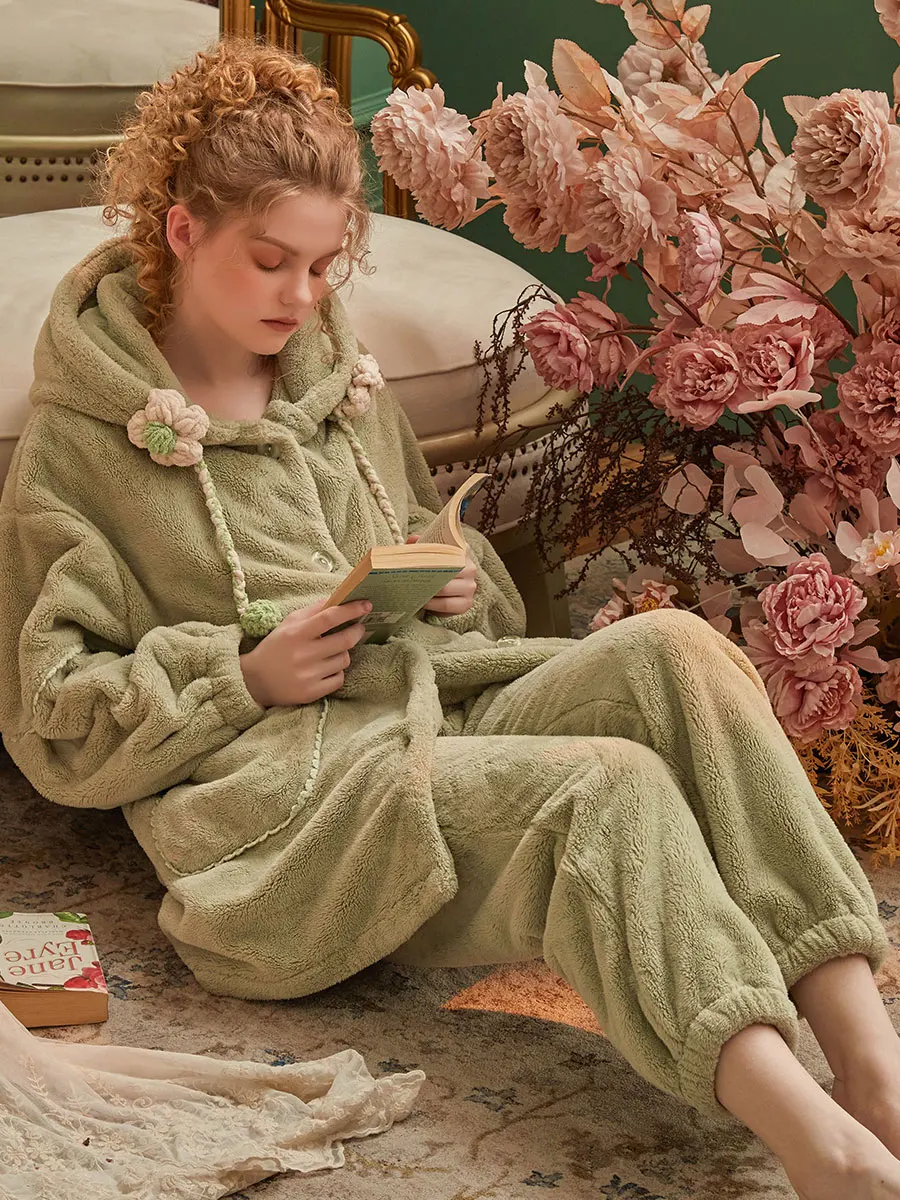 Женская пижама из кораллового флиса Chenxi зимний комплект с длинными рукавами