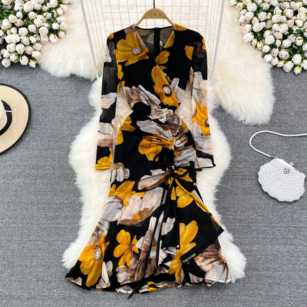 

Temperament and Feminine Print Long-sleeved Slim Drawstring Ruffled Slit Bag Hip Fishtail Dress Summer Dress