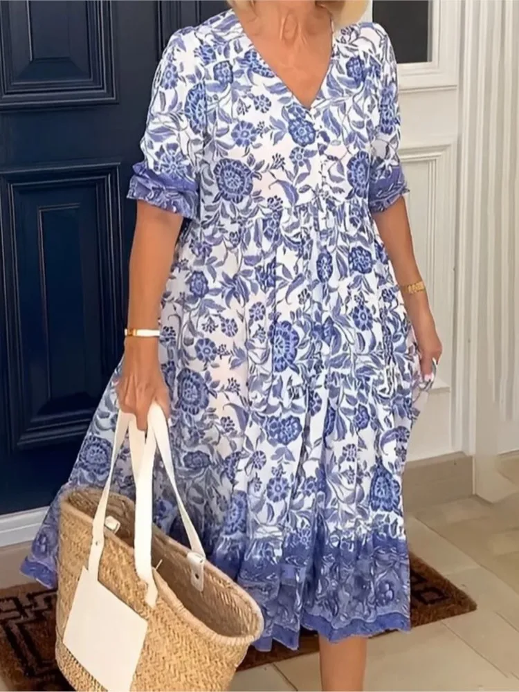 Женское длинное платье с цветочным принтом Элегантное повседневное V-образным