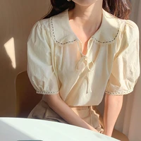 korea fashion chic women blouses doll collar short sleeved shirt women tops lace up summer new girl goose yellow top 2022 shirt