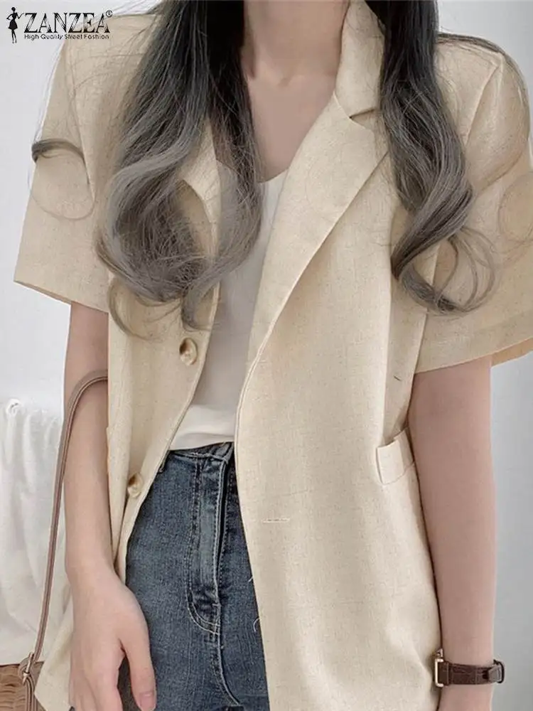 

ZANZEA Women Summer Short Sleeve Blazer 2022 Office Lady Casual Solid Loose Button Up Tops Tunic Oversized Lapel Neck Outwears