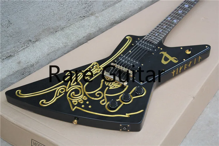 

Super Rare Custom Shaped Gloss Black & Gold Carving Scroll Top Explorer Electric Guitar Gold Hardware