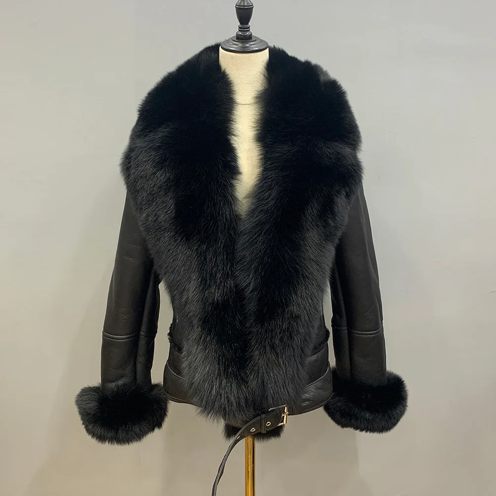 2023 Genuine Sheepskin Leather Jackets Women's Winter Shearling Coats Real Lamb Fur Lining Big Collar Natural Fox Outewear S8611