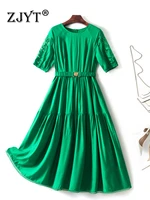 zjyt fashion designer hollow out embroidery summer dress for women 2022 new short sleeve sashes casual aline robes green vestido