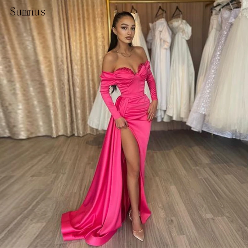 

Sumnus Sexy Mermaid Prom Dress Satin Off the Shoulder High Side Slit Beadings Pleat Evening Dress Formal Occasion Dresses 2023