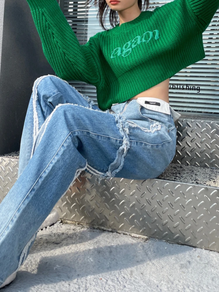 

QWEEK Korean Fashion Green Sweater Women Harajuku Chic Aesthetic Vintage Crop Top Christmas Style Crewneck Loose Pullover Jumper