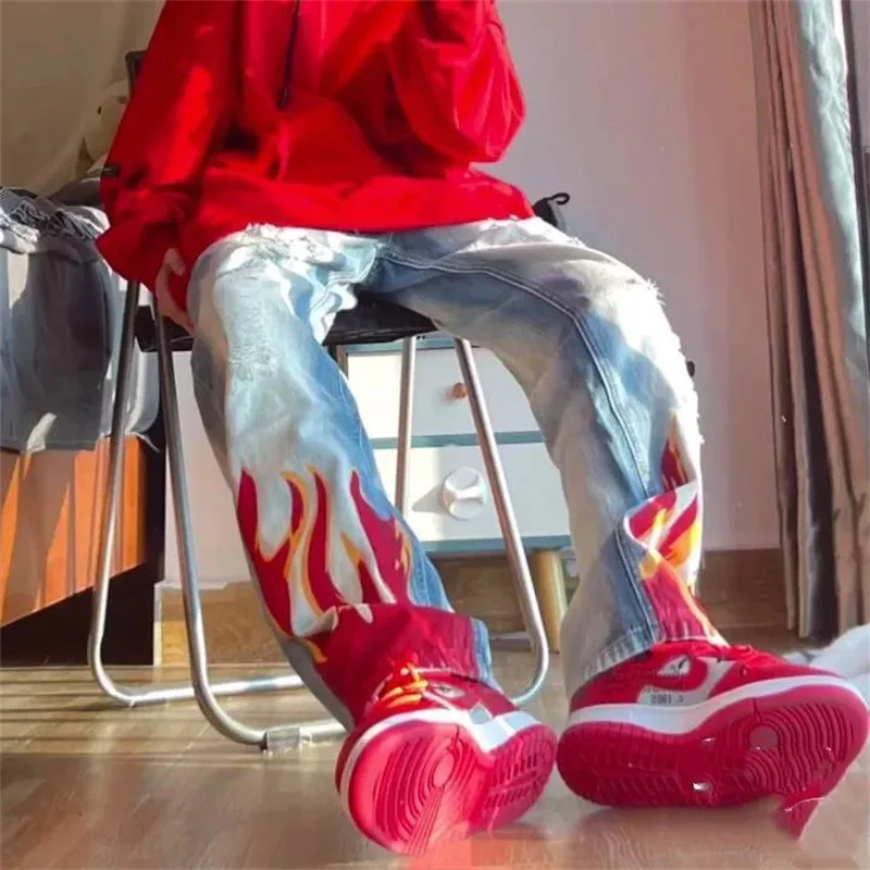 Cyber Y2k Men Hip Hop Streetwear Flame Hole Washed Baggy Jeans Low Rise 2000s Ripped Alt Denim Trousers Fairy Grunge Clothes