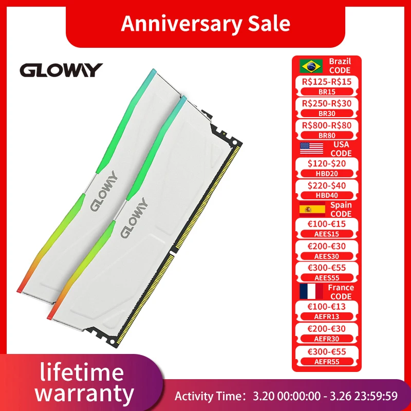 Gloway Memoria RAM DDR4 3200mhz RGB (8GBX2) 3600mhz (16GBX2) 32GB For Desktop Warranty Lifetime